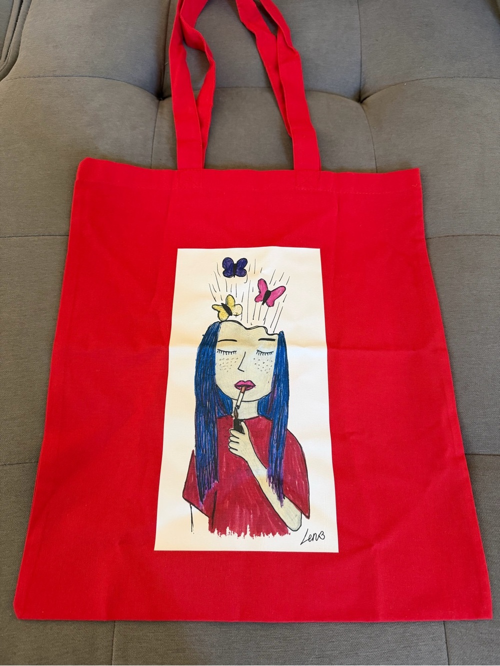 Red Canvas Tote with Illustrated Girl and Butterflies by